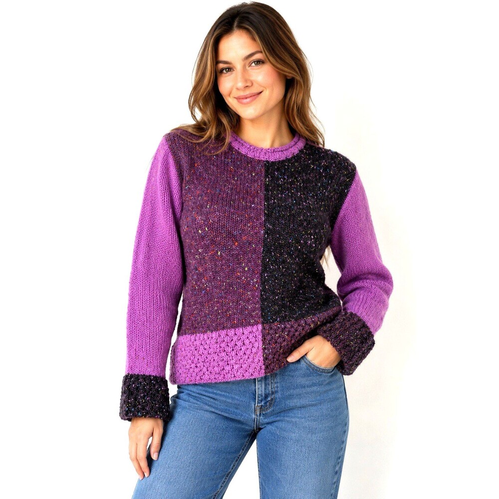 Aran Sweater Market Wool Sweater S Handmade Ireland Purple Colorblock Fleck Knit